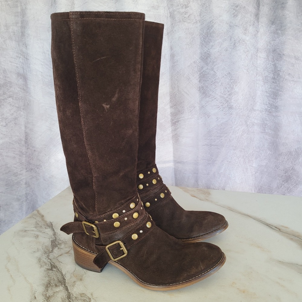 Barneys New York Suede Boots Knee High Biker Women's 36 Studded Buckle